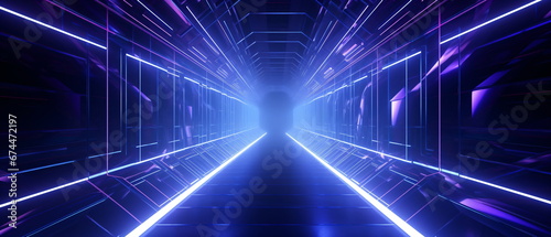 Neon corridor with lines glowing in ultraviolet light and purple neon scene . Neon geometric background with shapes with copy space for poster, website, brochure, banner, app. Generative ai photo