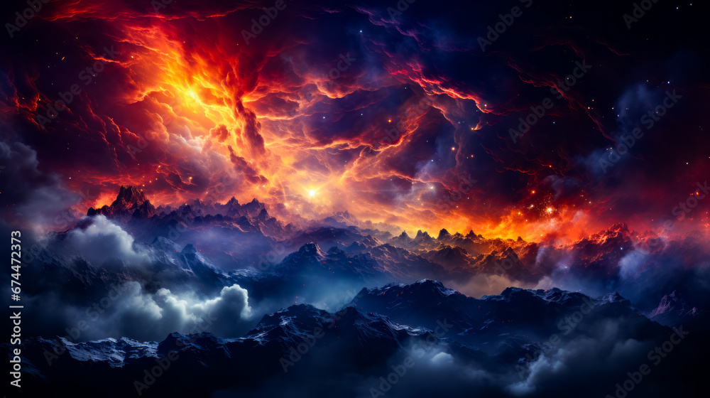 Colorful sky filled with clouds and star filled sky.