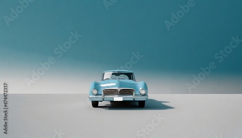 light blue classic car facing the camera, minimalist, deadpan, banal, cool, clinical, urban, iconic, conceptual, subversive, sparse, restrained, symbol