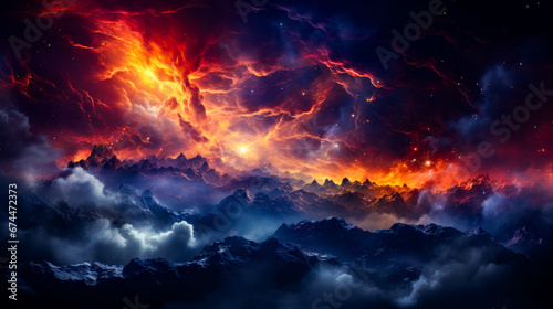 Colorful sky filled with clouds and star filled sky.