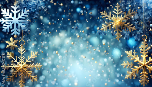 Blue sparkling Christmas and winter background with golden snowflakes 