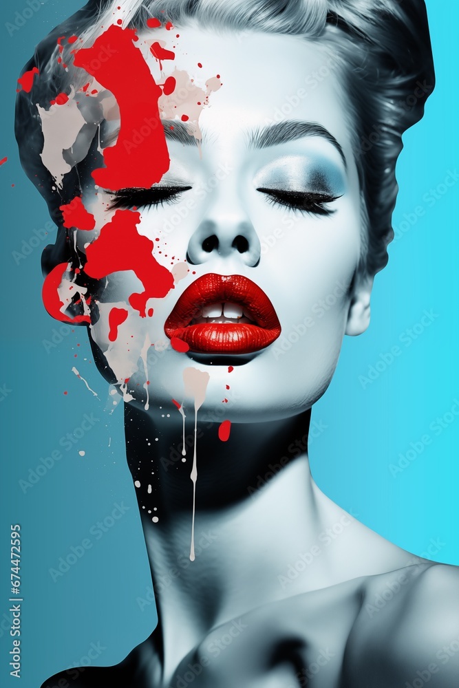 Abstract portrait of beautiful light blue lady with red lipstick and color splash. Vintage poster design.