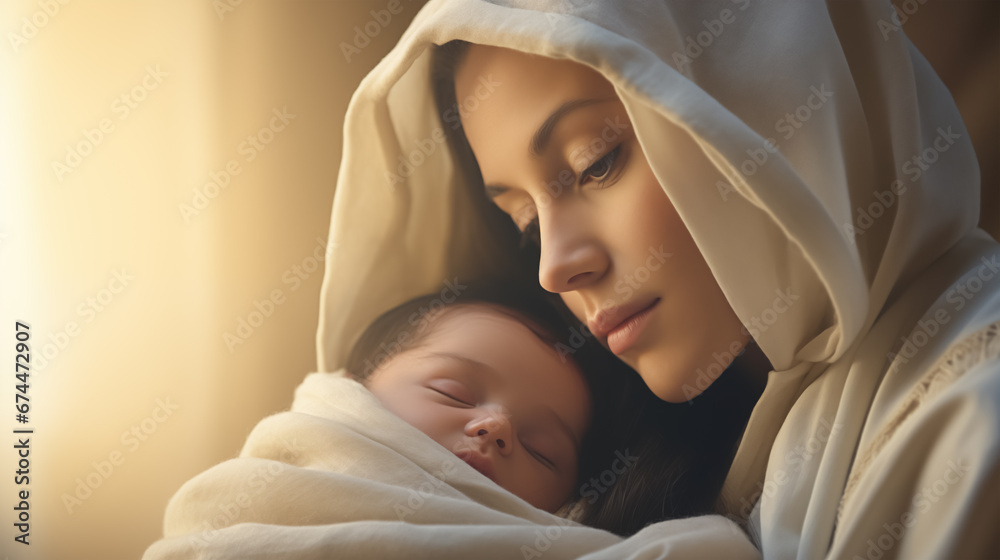 Portrait of Mary with baby Jesus in her arms. Nativity of Jesus. Christmas concept. - obrazy, fototapety, plakaty 