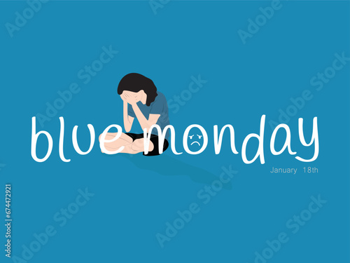 Blue Monday, saddest day of the year.woman sitting with her face between her arms showing the sadness or apathy of the day.On blue background.Sadness concept.