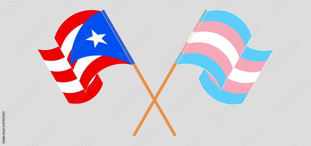 Crossed and waving flags of Puerto Rico and Transgender Pride