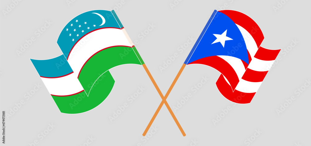Crossed and waving flags of Uzbekistan and Puerto Rico