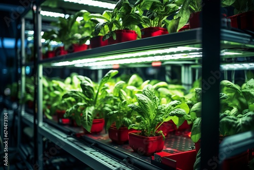 Plants thrive under specialized LED lights in a spacecraft, simulating sunlight for robust growth in a space habitat.