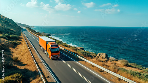 Truck on the road nearby sea with ship on the sea