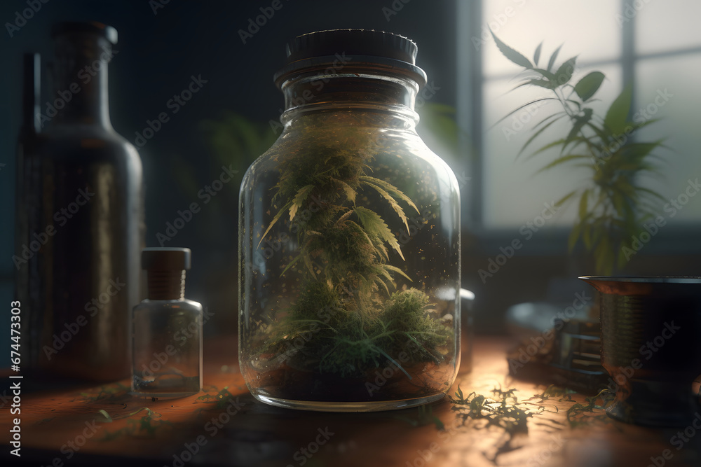 Glass jar with plants. 
