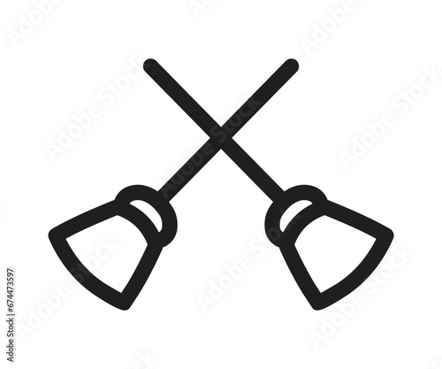 Broom sweep floor with long wooden handle and clouds of dust isolated, household implement from dust and dirt
