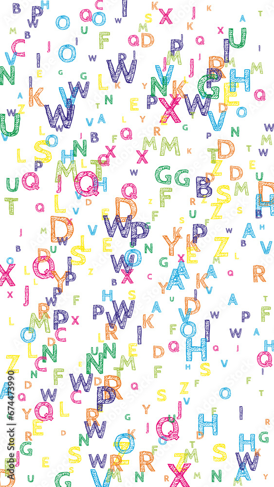 Falling letters of English language. Bright handdrawn flying words of Latin alphabet. Foreign languages study concept. Fair back to school banner on white background. Falling letters of English language. Bright handdrawn flying words of Latin alphabet. Foreign languages study concept. Fair back to school banner on white background.
