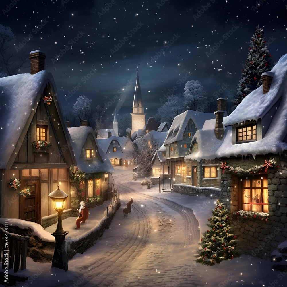 Winter village at night, Christmas and New Year. Digital painting.