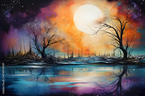 Tranquil Waterscape Dreams  Water Lake and Tree  abstract landscape art  Generative AI