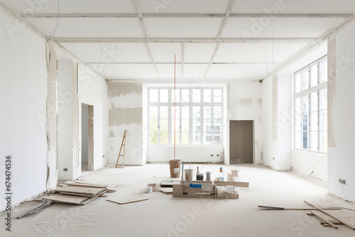 Home interior renovation. Unfinished house construction. Old flat, apartment or office during restoration photo