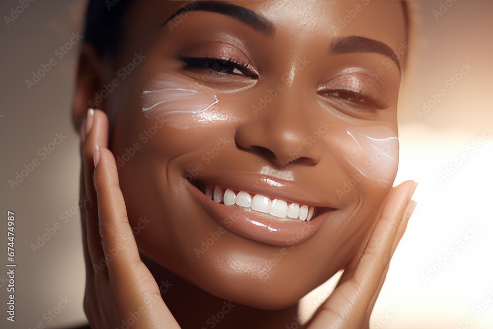 Close-up of young African American woman touching her face to apply moisturizer. Smiling face of beautiful black girl with daily cream, facial cosmetics. Skin care. Blurred background, copy space.