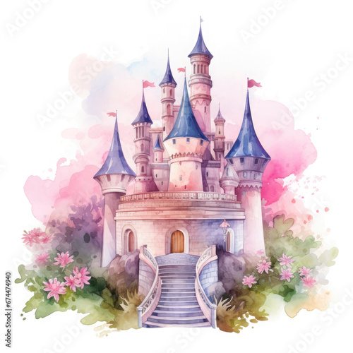 Cute watercolor princess castle Illustration, Generative Ai