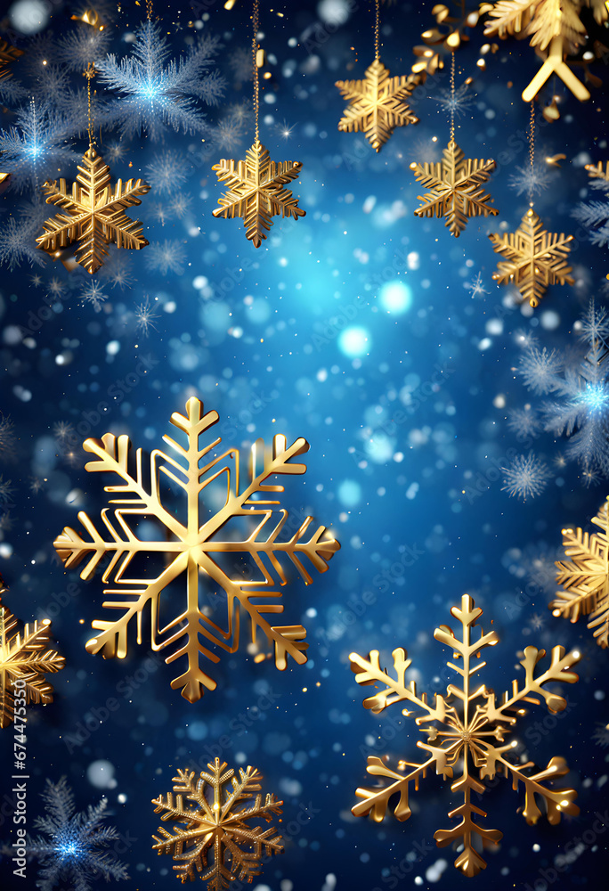 Blue sparkling Christmas and winter background with golden snowflakes, Blue sparkling Christmas and winter background with golden snowflakes,