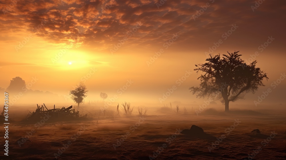 beautiful peaceful dawn mist landscape illustration forest grass, tree spring, light sunrise beautiful peaceful dawn mist landscape