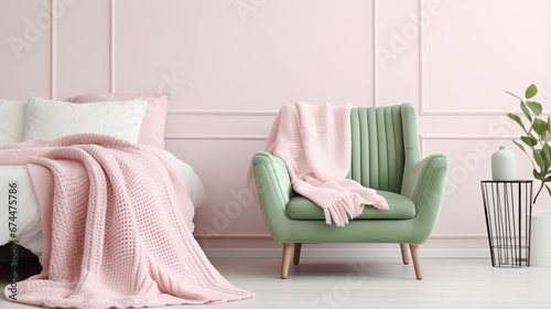 White pillow on pink armchair in cozy bedroom interior with blanket on green mattress. generative ai