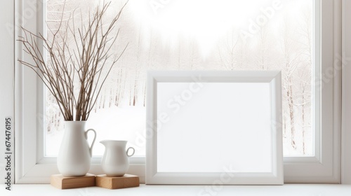 Minimal white winter indoor decor. Blank wooden picture frame mockup and flowers in vase on window with white winter trees landscape. © irissca