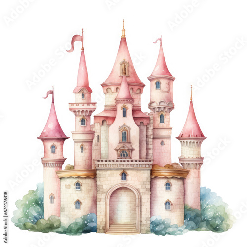 Cute watercolor princess castle Illustration, Generative Ai