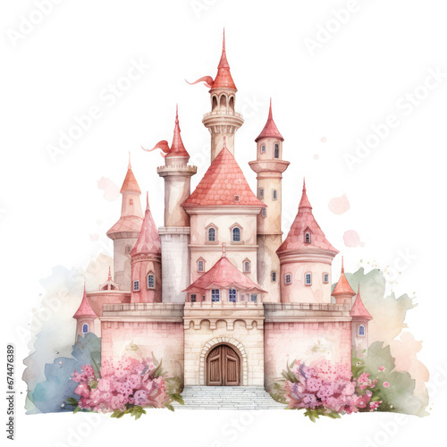 Cute watercolor princess castle Illustration, Generative Ai