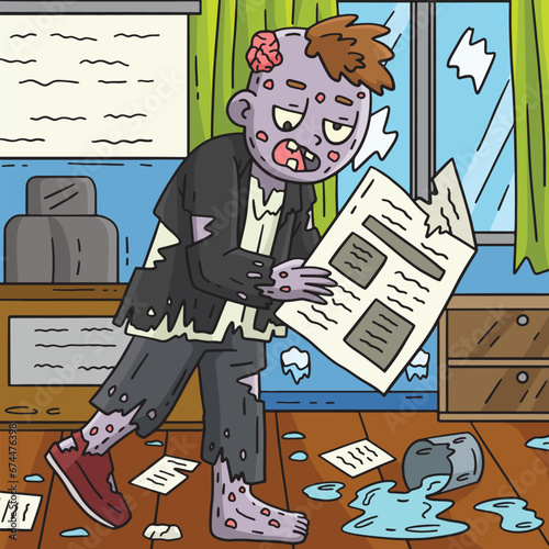 Zombie with Newspaper Colored Cartoon Illustration
