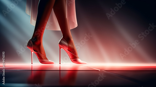 Close-up, female legs shod in high-heeled shoes on a dark background.
