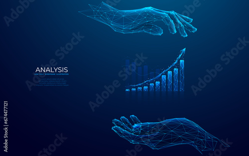 Businessman hands holding hologram of growth graph chart. Stock market digital concept. Abstract histogram with up arrow. Low poly wireframe vector illustration in futuristic light blue style.