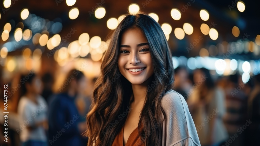 female tourist at street night market in Thailand.