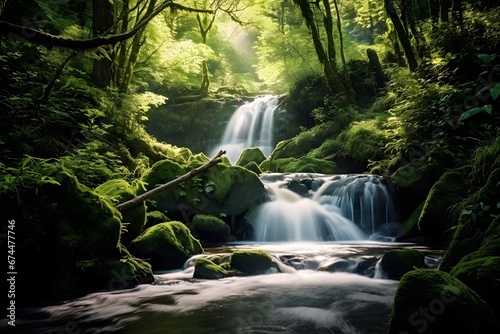 Long exposure of a waterfall flowing through a green forest in the summer