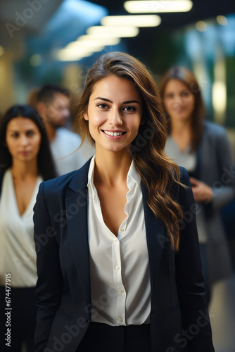 Woman in suit smiling for the camera with other people behind her.