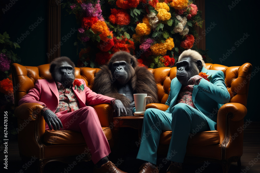Three monkeys sitting on couch with man in suit. - obrazy, fototapety, plakaty 