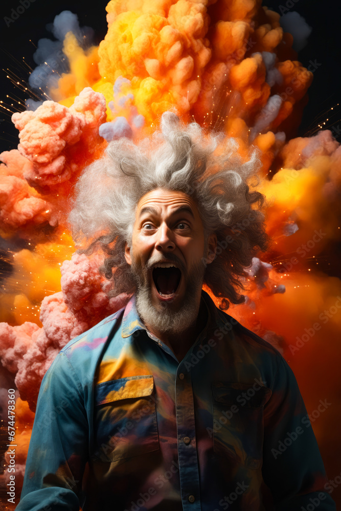 Man with crazy hair and beard is screaming in front of bunch of smoke.