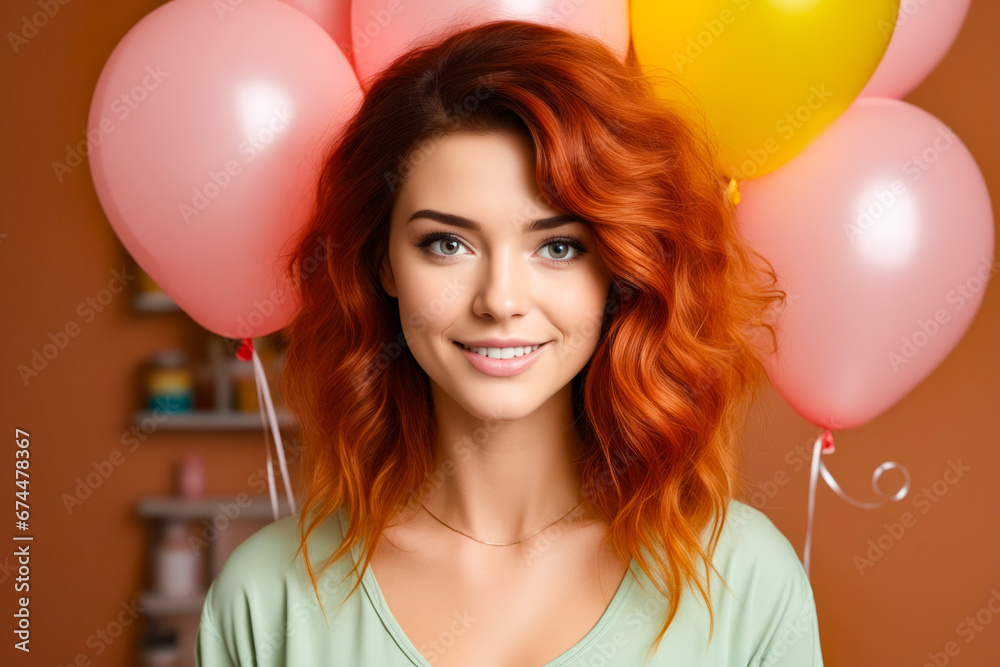 Woman with red hair and blue eyes holding balloons in front of her face.