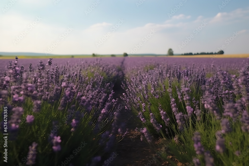 Large lavender field at sunset