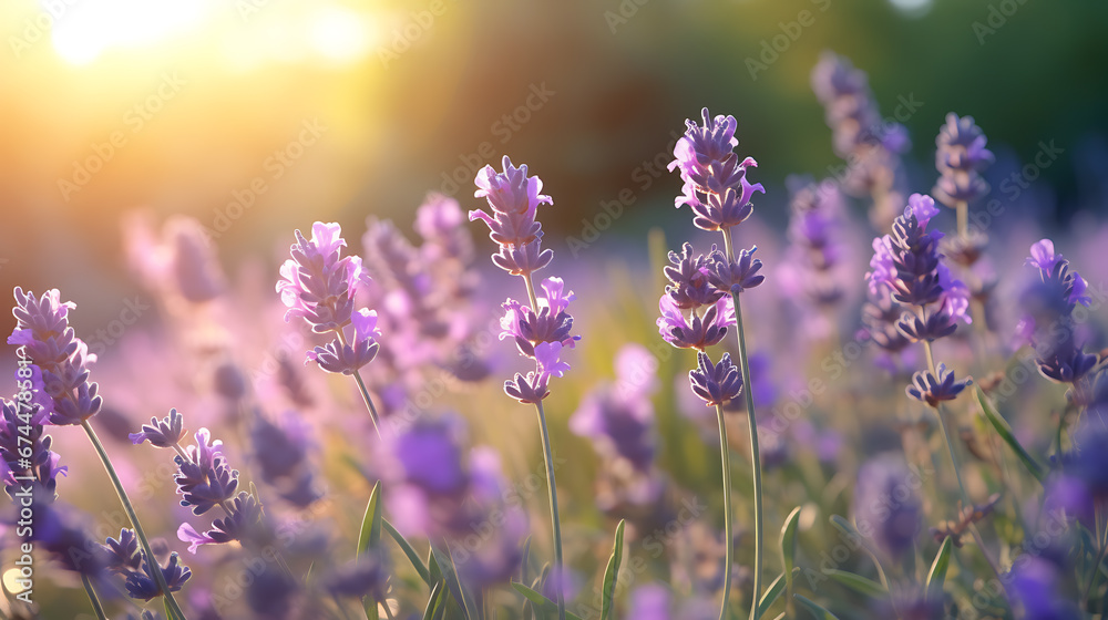 Obraz premium Large lavender field at sunset