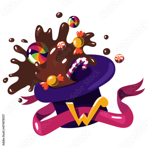 Purple hat with candy. The world of Willy Wonka hat with fictional sweets. The chocolate factory. Willy Wonka. Chocolate and various candies fly out of the hat, with a ribbon and the letter W on white