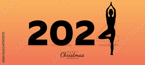 Happy new year card 2024. Silhouette of healthy girl doing Yoga Tree pose on the sunset sky background, woman practicing yoga as a part of the Number 2024 sign. Vector illustration