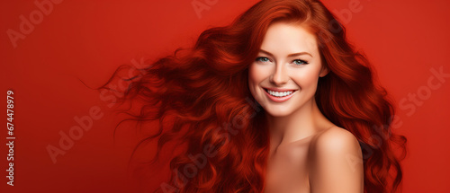 Beautiful elegant european red-haired smiling young woman with perfect skin and long red hair, on a red background, close-up