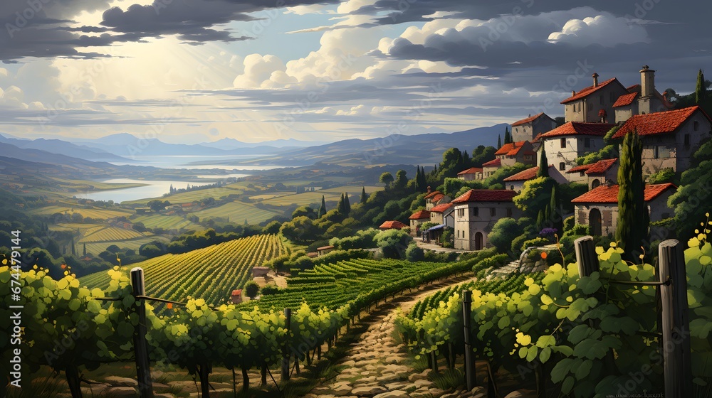panoramic view of vineyards in Tuscany, Italy