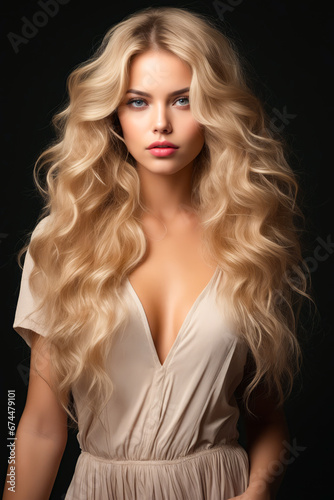 Woman with long blonde hair and dress on black background.
