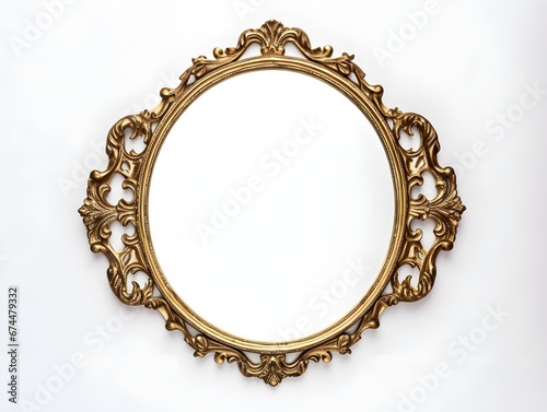 Old vintage retro antique mirror in gold frame rustic style on white backgroud. Generative AI