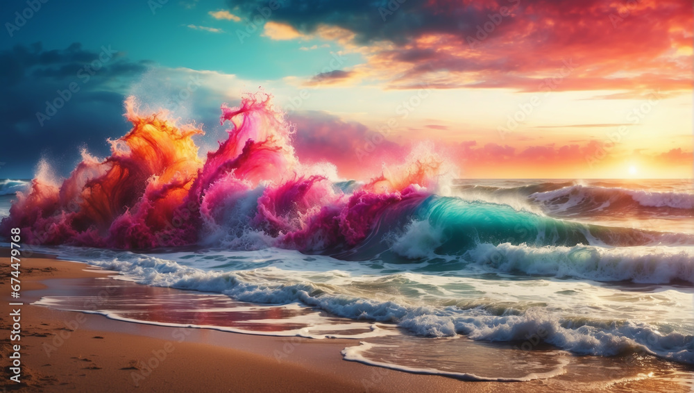 Colorful Tsunami beside the beach without humans by sunset evening