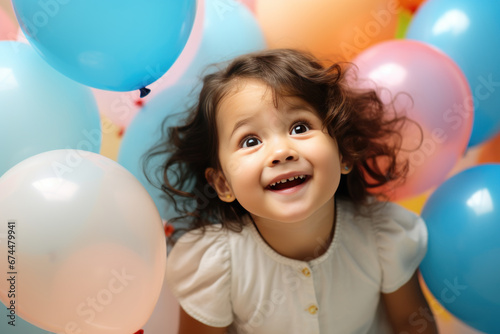 Happy indian little girl excited looking up in the balloons