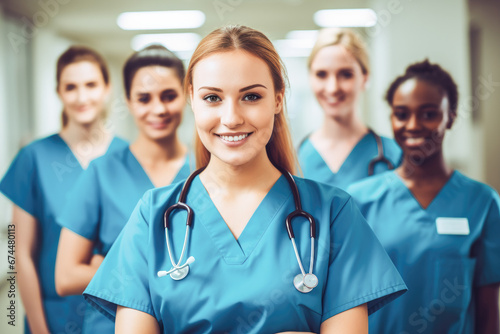 Smiling group of women healthcare professionals wearing scrubs and posing together in a hospital. Portrait of diverse female nurses together. 