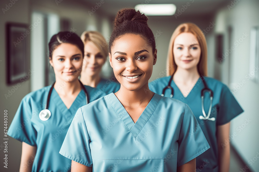 Smiling group of women healthcare professionals wearing scrubs and posing together in a hospital. Portrait of diverse female nurses together. 