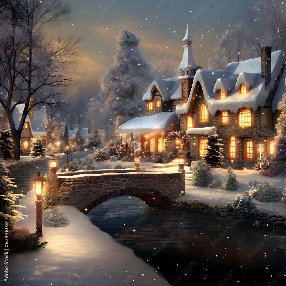 Winter village at night with bridge over the river. Digital painting.