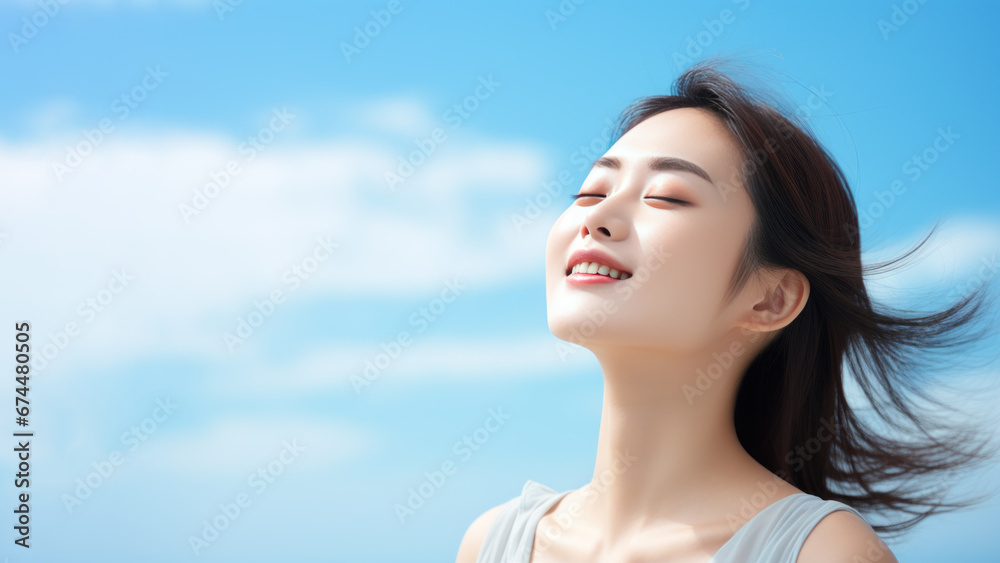 A Asian woman breathes calmly looking up isolated on clear blue sky - obrazy, fototapety, plakaty 