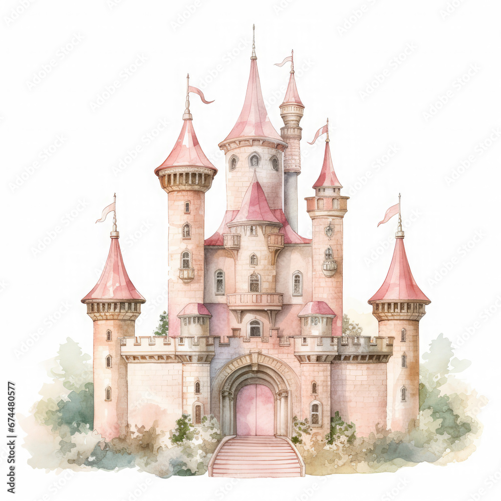 Cute watercolor princess castle Illustration, Generative Ai